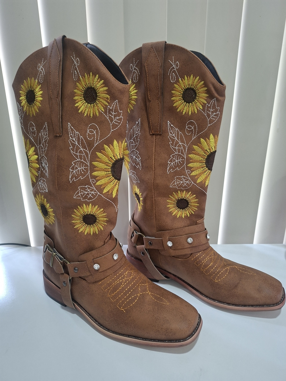 Brown Sunflower Embroidered Western Harness Boots - Women’s Ankle Booties